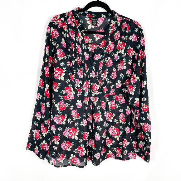 Torrid Top Black Red Floral Print Pleated V-Neck Long Sleeve Sz 3X Cotton Womens - Picture 1 of 6